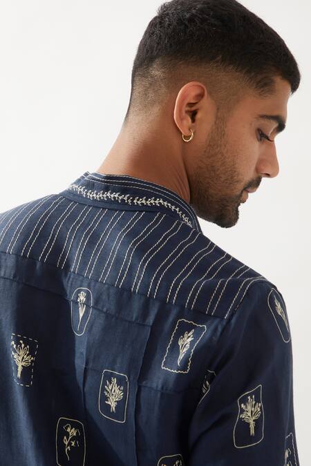 Buy_Son Of A Noble Snob_Navy Linen Printed Slim Fit Kurta 