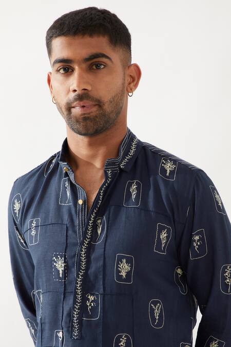 Shop_Son Of A Noble Snob_Navy Linen Printed Slim Fit Kurta 
