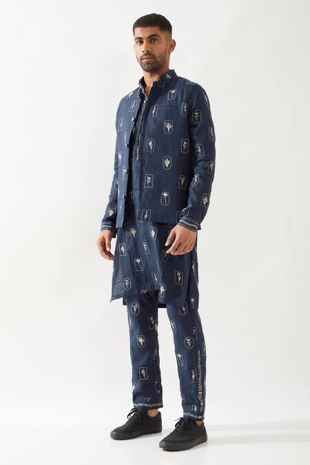 Son Of A Noble Snob Navy Linen Madox Stamp Bundi Online at Aza Fashions Son Of A Noble Snob_Navy Linen Madox Stamp Bundi _Online_at_Aza_Fashions