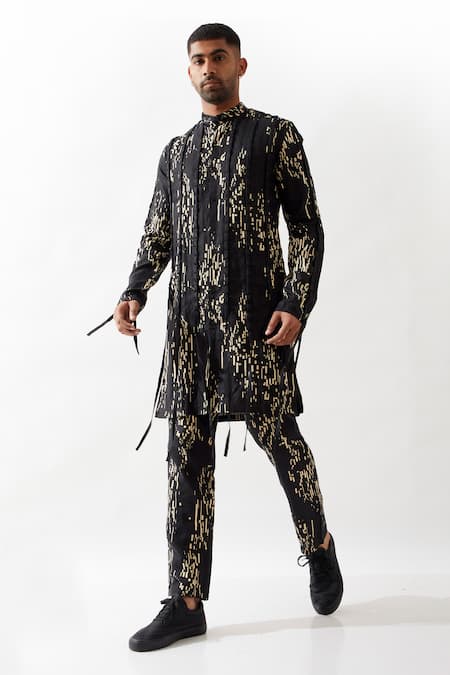 Son of A Noble Snob Black Linen Slim Fit Printed Kurta 