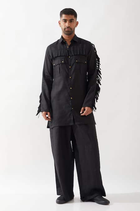 Son of A Noble Snob Black Linen Tassels Eros Slim Fit Kurta 