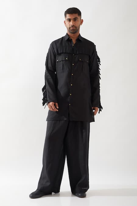 Buy Son Of A Noble Snob Black Linen Tassels Eros Slim Fit Kurta Online at Aza Fashions Buy_Son Of A Noble Snob_Black Linen Tassels Eros Slim Fit Kurta _Online_at_Aza_Fashions