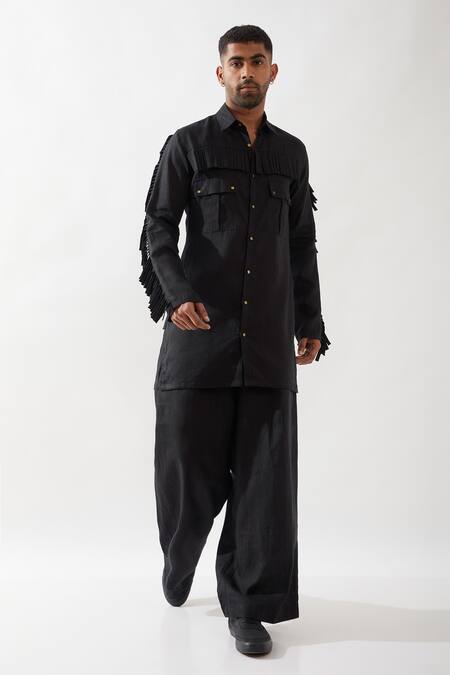 Shop Son Of A Noble Snob Black Linen Tassels Eros Slim Fit Kurta Online at Aza Fashions Shop_Son Of A Noble Snob_Black Linen Tassels Eros Slim Fit Kurta _Online_at_Aza_Fashions