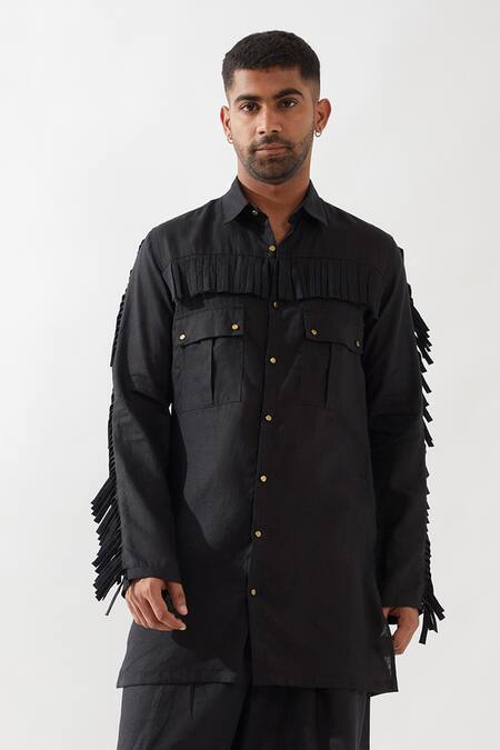 Son Of A Noble Snob Black Linen Tassels Eros Slim Fit Kurta at Aza Fashions Son Of A Noble Snob_Black Linen Tassels Eros Slim Fit Kurta _at_Aza_Fashions