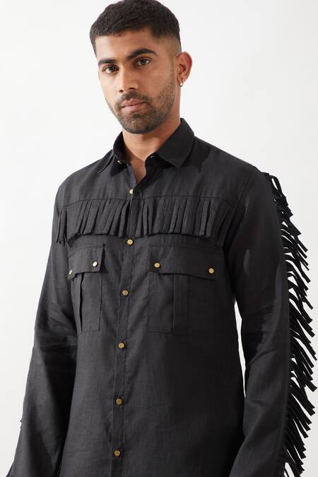 Buy Son Of A Noble Snob Black Linen Tassels Eros Slim Fit Kurta Buy_Son Of A Noble Snob_Black Linen Tassels Eros Slim Fit Kurta