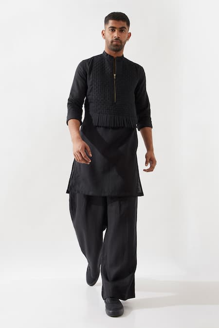 Son of A Noble Snob Black Linen Slim Fit Designer Kurta 