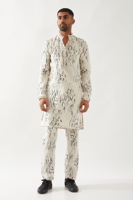 Son of A Noble Snob Ivory Linen Printed Slim Fit Kurta 