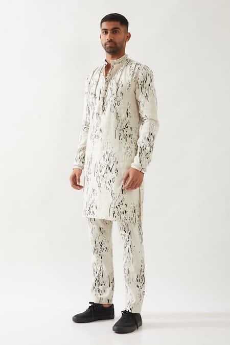 Shop_Son Of A Noble Snob_Ivory Linen Printed Slim Fit Kurta _Online_at_Aza_Fashions