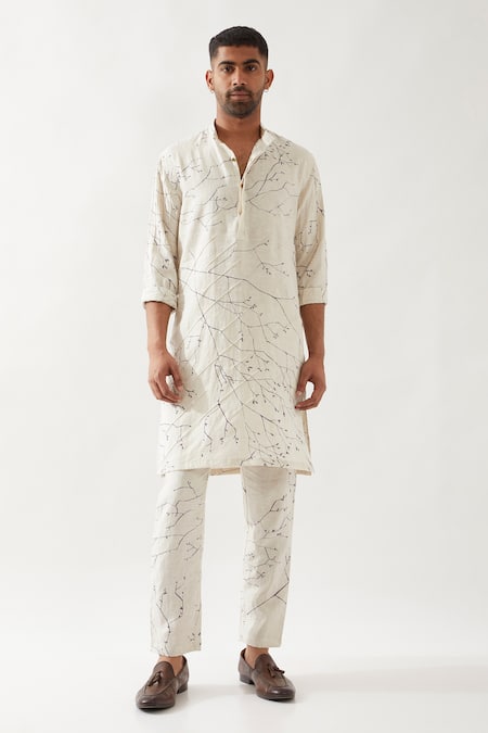 Son of A Noble Snob Ivory Linen Slim Fit Printed Kurta 