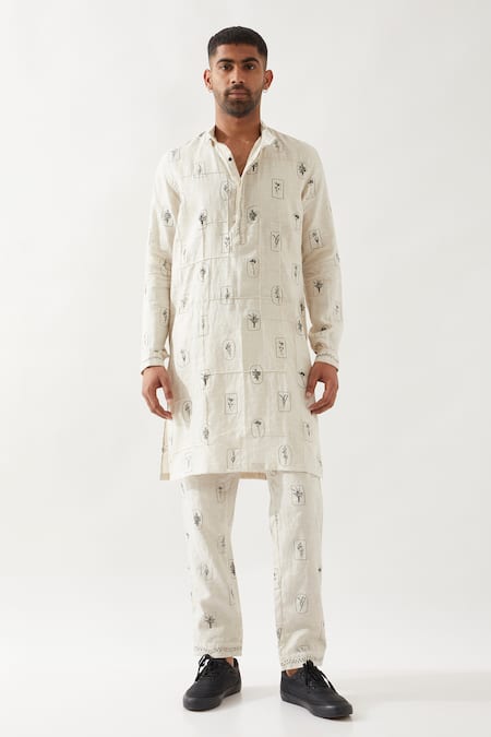 Son of A Noble Snob Ivory Linen Slate Stamp Kurta 