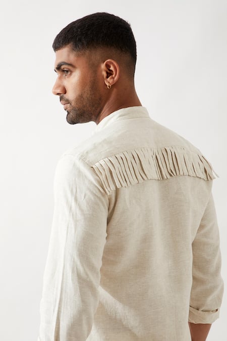 Shop_Son Of A Noble Snob_Ivory Linen Basket Weave Kurta _Online_at_Aza_Fashions