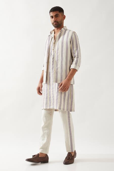 Son Of A Noble Snob_Ivory Linen Classic Printed Bundi _Online_at_Aza_Fashions