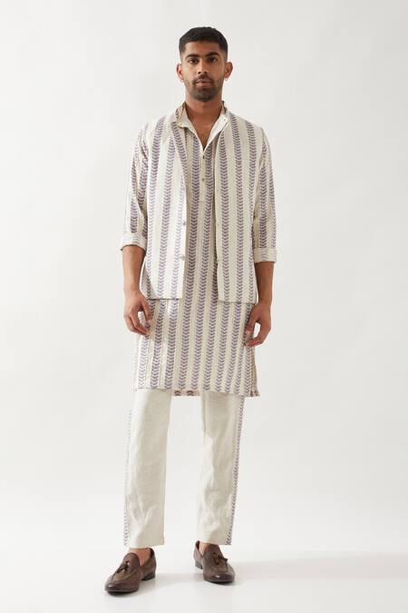 Buy_Son Of A Noble Snob_Ivory Linen Classic Printed Bundi _Online_at_Aza_Fashions