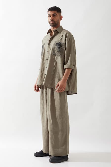 Buy Son Of A Noble Snob Olive Green Linen Embroidery Anti Fit Hand Shirt Online at Aza Fashions Buy_Son Of A Noble Snob_Olive Green Linen Embroidery Anti Fit Hand Shirt _Online_at_Aza_Fashions