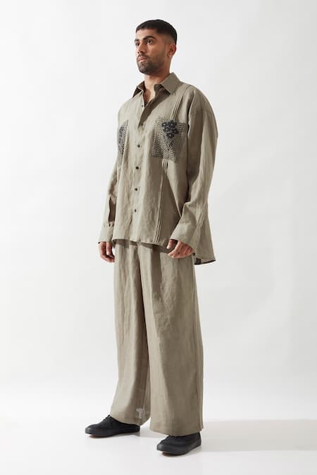 Son Of A Noble Snob Olive Green Linen Embroidery Anti Fit Hand Shirt at Aza Fashions Son Of A Noble Snob_Olive Green Linen Embroidery Anti Fit Hand Shirt _at_Aza_Fashions