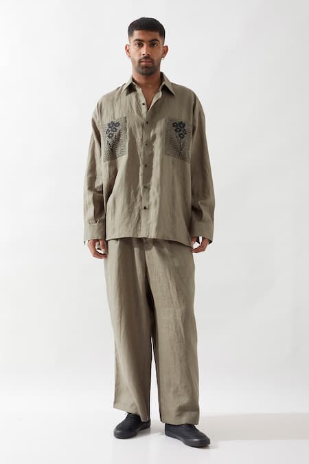 Buy Son Of A Noble Snob Olive Green Linen Embroidery Anti Fit Hand Shirt Buy_Son Of A Noble Snob_Olive Green Linen Embroidery Anti Fit Hand Shirt