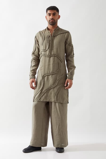 Son of A Noble Snob Olive Caterpillar Texture Kurta 