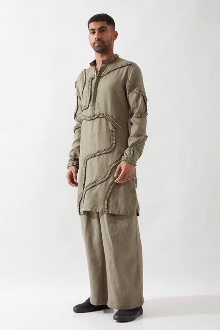 Son Of A Noble Snob Olive Green Linen Caterpillar Texture Kurta Online at Aza Fashions Son Of A Noble Snob_Olive Green Linen Caterpillar Texture Kurta _Online_at_Aza_Fashions