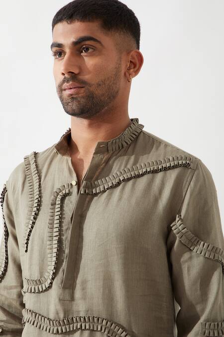 Shop Son Of A Noble Snob Olive Green Linen Caterpillar Texture Kurta Online at Aza Fashions Shop_Son Of A Noble Snob_Olive Green Linen Caterpillar Texture Kurta _Online_at_Aza_Fashions