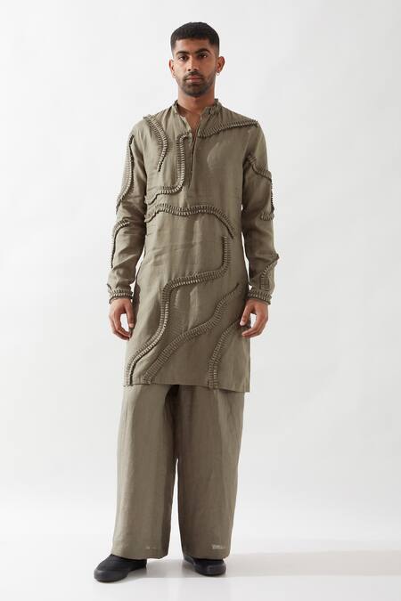 Buy Son Of A Noble Snob Olive Green Linen Caterpillar Texture Kurta Buy_Son Of A Noble Snob_Olive Green Linen Caterpillar Texture Kurta