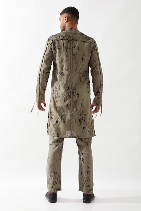 Son Of A Noble Snob Slim Fit Printed Olive Kurta 