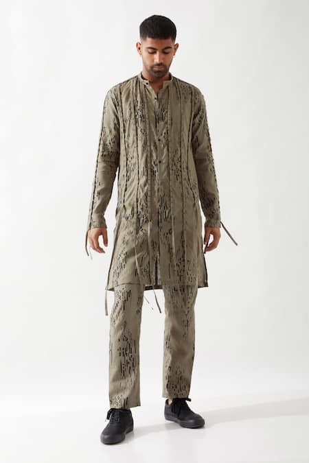 Son of A Noble Snob Slim Fit Printed Olive Kurta 