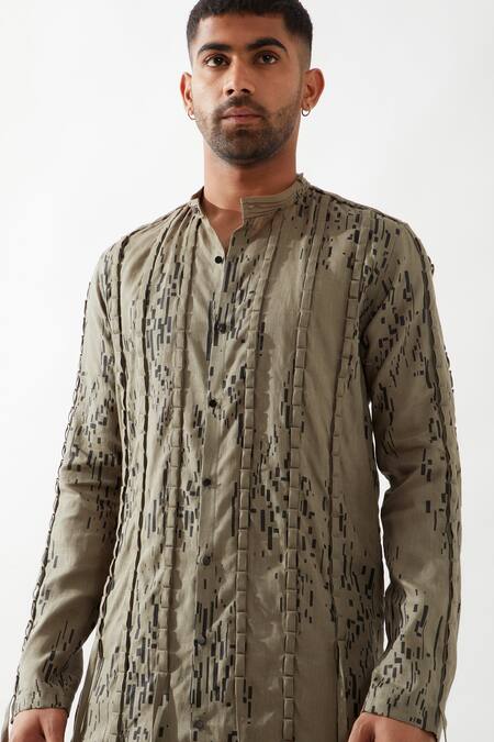 Buy Son Of A Noble Snob Olive Green Linen Slim Fit Printed Kurta Online at Aza Fashions Buy_Son Of A Noble Snob_Olive Green Linen Slim Fit Printed Kurta _Online_at_Aza_Fashions