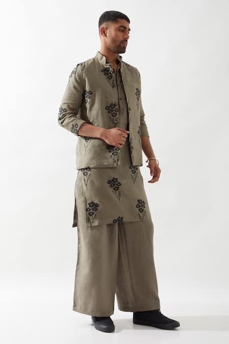 Son Of A Noble Snob Olive Green Linen Embroidery Floral Printed Bundi Online at Aza Fashions Son Of A Noble Snob_Olive Green Linen Embroidery Floral Printed Bundi _Online_at_Aza_Fashions