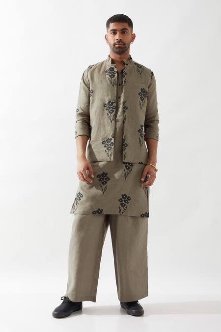 Shop Son Of A Noble Snob Olive Green Linen Embroidery Floral Printed Bundi Online at Aza Fashions Shop_Son Of A Noble Snob_Olive Green Linen Embroidery Floral Printed Bundi _Online_at_Aza_Fashions