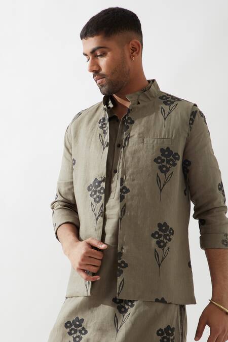 Son Of A Noble Snob Olive Green Linen Embroidery Floral Printed Bundi at Aza Fashions Son Of A Noble Snob_Olive Green Linen Embroidery Floral Printed Bundi _at_Aza_Fashions