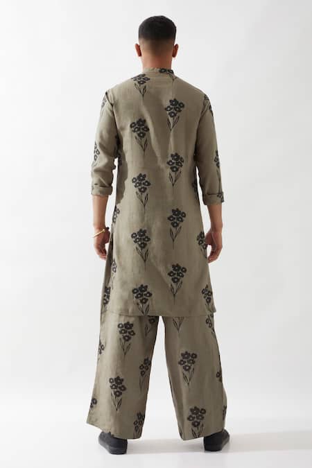 Son Of A Noble Snob Olive Printed Slim Fit Kurta