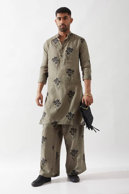 Son of A Noble Snob Olive Printed Slim Fit Kurta 