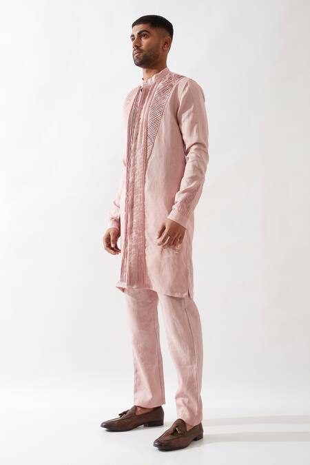 Son Of A Noble Snob_Pink Linen Gill Kurta In Pleated _Online_at_Aza_Fashions