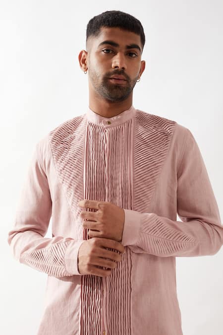 Buy_Son Of A Noble Snob_Pink Linen Gill Kurta In Pleated _Online_at_Aza_Fashions