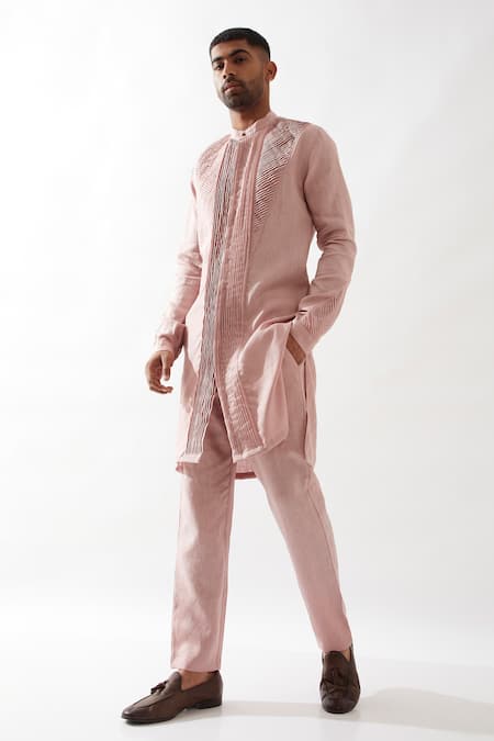 Son of A Noble Snob Gill Kurta in Pleated Pink Linen 
