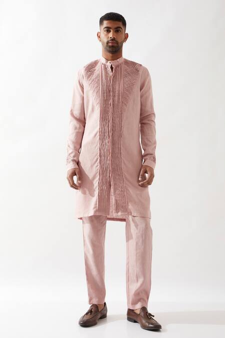 Shop_Son Of A Noble Snob_Pink Linen Gill Kurta In Pleated _Online_at_Aza_Fashions