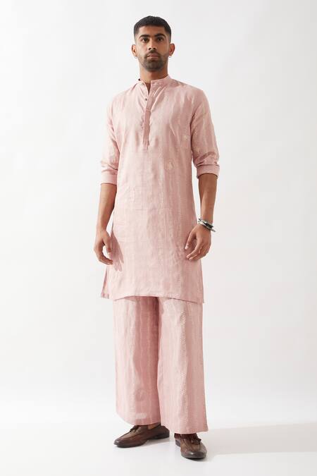 Son Of A Noble Snob Pink Linen Embroidery Navy Printed Slim Fit Kurta Online at Aza Fashions Son Of A Noble Snob_Pink Linen Embroidery Navy Printed Slim Fit Kurta _Online_at_Aza_Fashions