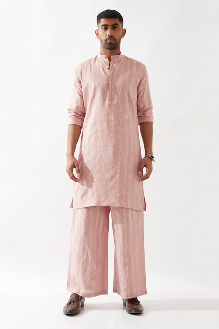 Buy Son Of A Noble Snob Pink Linen Embroidery Navy Printed Slim Fit Kurta Online at Aza Fashions Buy_Son Of A Noble Snob_Pink Linen Embroidery Navy Printed Slim Fit Kurta _Online_at_Aza_Fashions