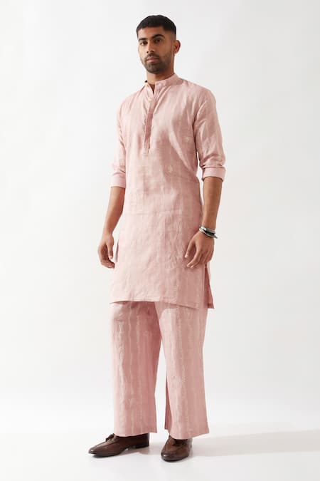 Shop Son Of A Noble Snob Pink Linen Embroidery Navy Printed Slim Fit Kurta Online at Aza Fashions Shop_Son Of A Noble Snob_Pink Linen Embroidery Navy Printed Slim Fit Kurta _Online_at_Aza_Fashions