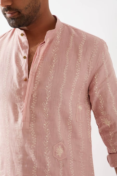 Buy Son Of A Noble Snob Pink Linen Embroidery Navy Printed Slim Fit Kurta Buy_Son Of A Noble Snob_Pink Linen Embroidery Navy Printed Slim Fit Kurta