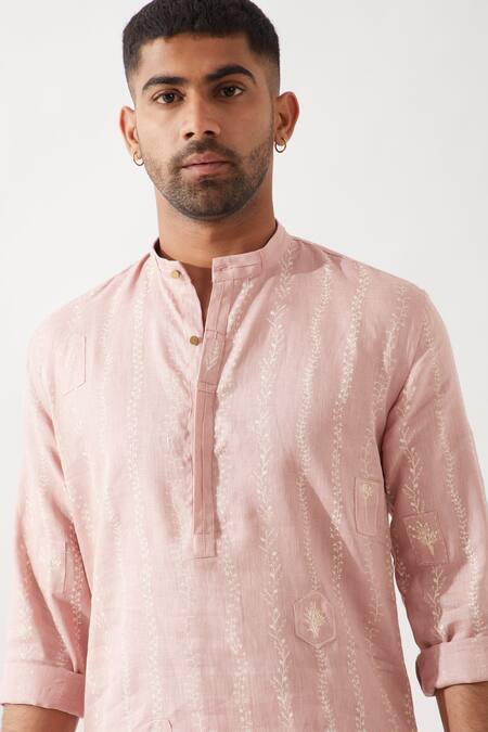 Shop Son Of A Noble Snob Pink Linen Embroidery Navy Printed Slim Fit Kurta Shop_Son Of A Noble Snob_Pink Linen Embroidery Navy Printed Slim Fit Kurta