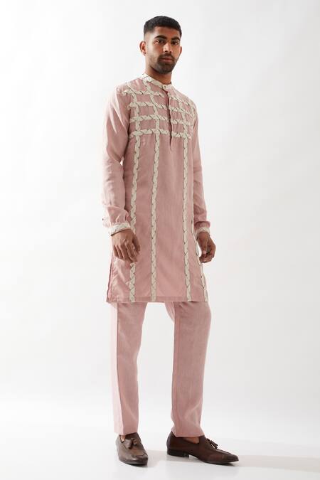 Buy_Son Of A Noble Snob_Pink Linen Caterpillar Texture Kurta _Online_at_Aza_Fashions