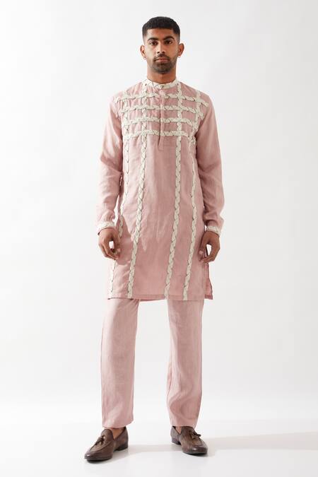 Shop_Son Of A Noble Snob_Pink Linen Caterpillar Texture Kurta _Online_at_Aza_Fashions
