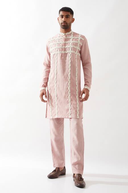 Son Of A Noble Snob_Pink Linen Caterpillar Texture Kurta _at_Aza_Fashions