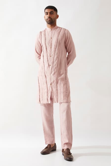 Shop Son Of A Noble Snob Pink Linen Caterpillar Texture Kurta Online at Aza Fashions Shop_Son Of A Noble Snob_Pink Linen Caterpillar Texture Kurta _Online_at_Aza_Fashions