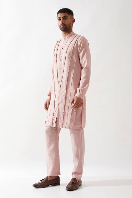 Shop Son Of A Noble Snob Pink Linen Caterpillar Texture Kurta Shop_Son Of A Noble Snob_Pink Linen Caterpillar Texture Kurta