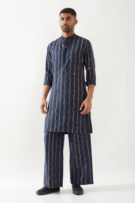 Shop_Son Of A Noble Snob_Navy Linen Printed Slim Fit Kurta Set _Online_at_Aza_Fashions