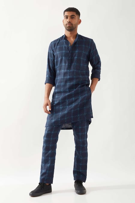 Son of A Noble Snob Navy Slim Fit Printed Kurta 