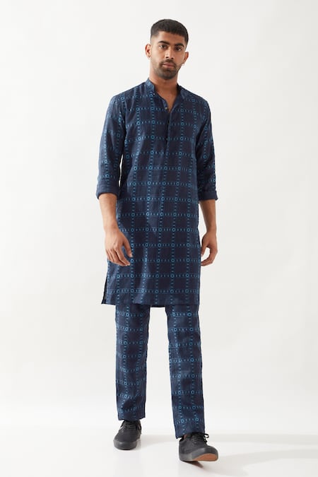 Shop_Son Of A Noble Snob_Navy Linen Slim Fit Printed Kurta _Online_at_Aza_Fashions