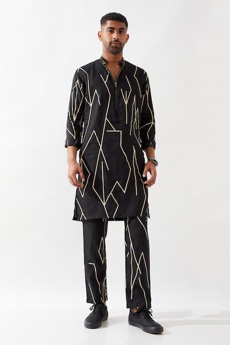 Son of A Noble Snob Black Printed Slim Fit Kurta 